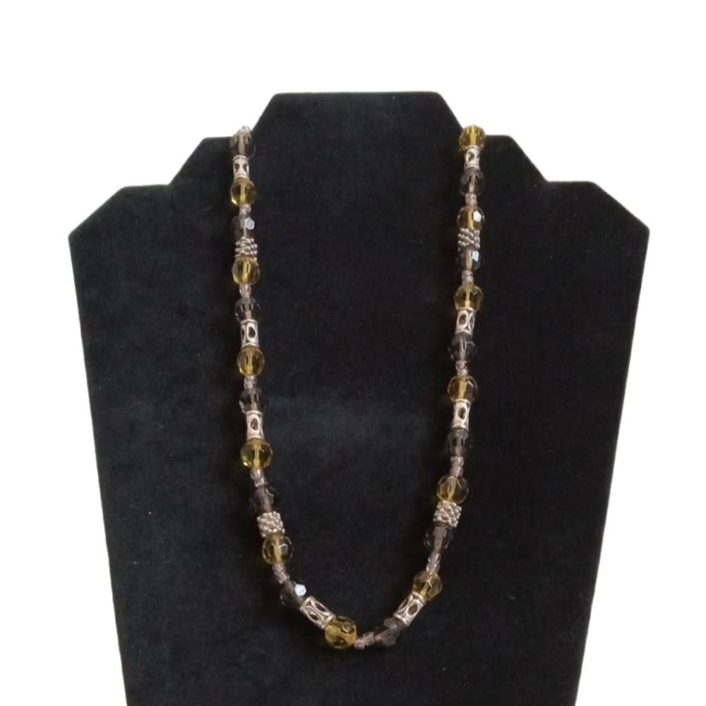 Vintage Gray & Yellow Transparent Beads with Metal Beads Single Strand Necklace